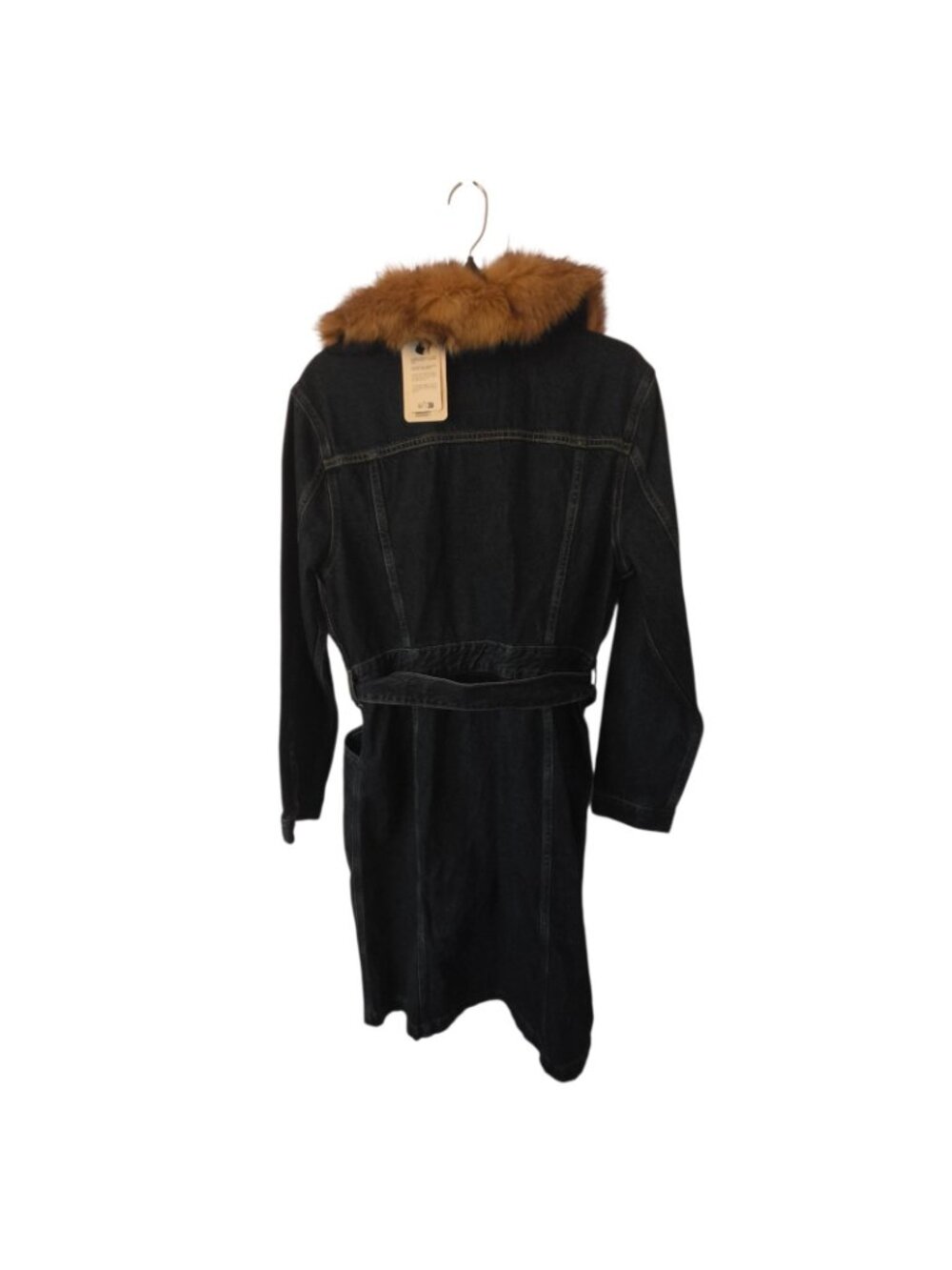 Levi's Faux Fur Collar Denim Coat Women's Large Belted Dark Wash Long Jean... - Picture 4 of 6